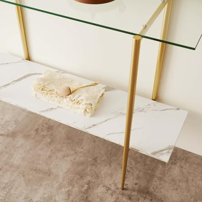 LumFurn Glass Console Table for Living Room, Foyer & Entrance, 2-Tiers Mid-Century Modern Sofa Table with Clear Glass Top, White Marble Finish Wood Shelf and Gold Finish Frame - color: Clear & White Marble, size: L41" Sofa Table