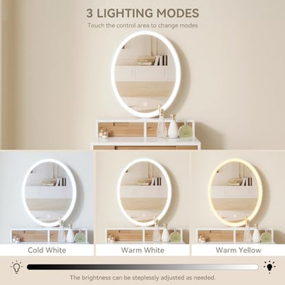 YOURLITE Small Makeup Vanity Desk with Lights, Compact Vanity Desk with Adjustable Brightness Mirror for Small Spaces, Dressing Table with Drawers and Storage Shelves - size: 24", style: Oval Mirror Wooden with shelf
