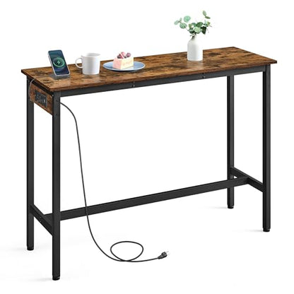 VASAGLE Bar Table, Narrow Long Kitchen Dining Table with Charging Station, Sturdy Metal Frame, Industrial, 15.7 x 47.2 x 35.4 Inches, Rustic Brown and Ink Black ULBT121K01 - color: Rustic Brown + Ink Black, size: 47.2"W, style: Industrial