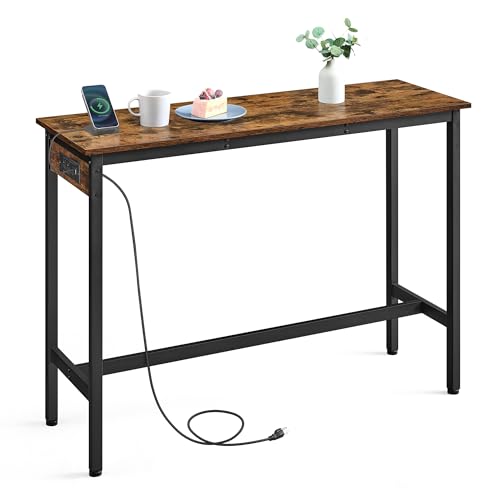 VASAGLE Bar Table, Narrow Long Kitchen Dining Table with Charging Station, Sturdy Metal Frame, Industrial, 15.7 x 47.2 x 35.4 Inches, Rustic Brown and Ink Black ULBT121K01 - color: Rustic Brown + Ink Black, size: 47.2"W, style: Industrial