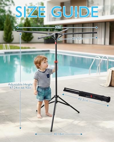 Pool Towel Rack Outdoor, 4 Arms Adjustable 51-71 Inch Freestanding Foldable Drying Rack for Pool, Camping, Backyard, Rust-Resistant Steel, Holds Towels & Swim Gear
