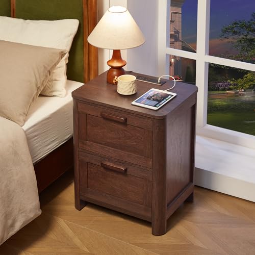Joaxswe Farmhouse Night Stand with Charging Station, End Tables Bedroom with 2 Large Drawers & 4 Thickened Table Legs, Walnut - color: Walnut, size: 16"D x 19.7"W x 23.6"H (2 Drawers)