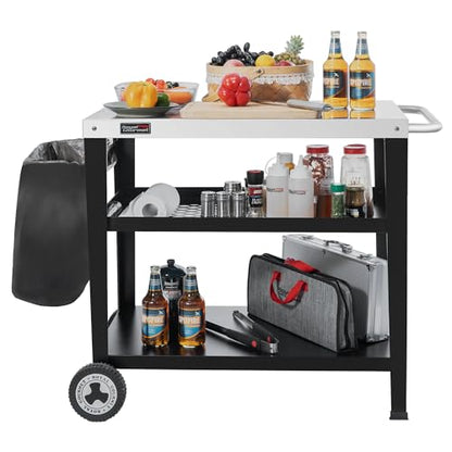 Royal Gourmet PC3404S Rolling Dining Table with Trash Bag Holder, Outdoor Garden Patio BBQ Kitchen Food Prep Table Cart, 34"L x 20"W Stainless Steel Tabletop, Silver & Black | 34"L x20"W Stainless Steel Tabletop | with Removable Trash Bag Holder | Outdoor