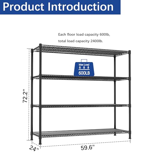REGILLER 4-Wire Shelf Adjustable Heavy Duty Storage Shelves,Metal Organizer Wire Rack for Laundry Bathroom Kitchen Pantry Closet Garage Shelving(Black,24" Dx59.6 Wx72.2 H) - size: 4tier 24"D x 59.6"W x 72.2"H
