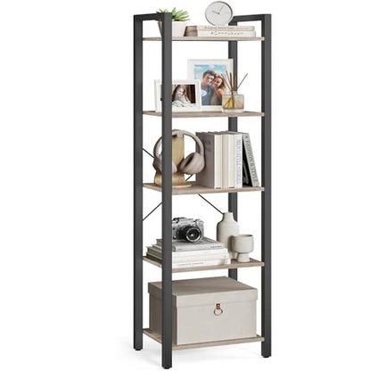 VASAGLE 5-Tier Bookshelf, Bookcase with Steel Frame, Book Shelf for Living Room, Home Office, Study, 11.8 x 15.7 x 60.2 Inches, Industrial Style, Heather Greige and Ink Black ULLS100B02 - color: Heather Greige + Ink Black, size: 5 Tiers (11.8"D x 15.7"W x