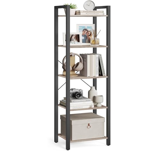 VASAGLE 5-Tier Bookshelf, Bookcase with Steel Frame, Book Shelf for Living Room, Home Office, Study, 11.8 x 15.7 x 60.2 Inches, Industrial Style, Heather Greige and Ink Black ULLS100B02 - color: Heather Greige + Ink Black, size: 5 Tiers (11.8"D x 15.7"W x