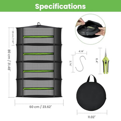 MEKOLIFE 4-Tier Herb Drying Rack Hanging Mesh | 23.62" mesh dryer with zipper, hooks and pruning shears, for indoor and outdoor herbs, seafood, flowers and plants - size: 4 Layers