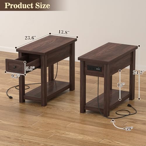 Armocity Narrow End Table with Charging Station - Farmhouse Side Table with Drawer, 14" Wide Wood Nightstand Slim Couch Bedside Table for Living Room Bedroom Small Spaces, Black Walnut - color: Black Walnut, size: 1 Pack