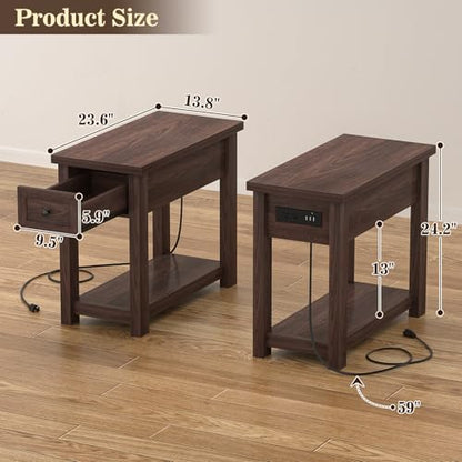 Armocity Narrow End Table with Charging Station - Farmhouse Side Table with Drawer, 14" Wide Wood Nightstand Slim Couch Bedside Table for Living Room Bedroom Small Spaces, Black Walnut - color: Black Walnut, size: 1 Pack