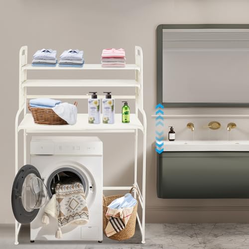 Adjustable Laundry Room Shelf, White Washing Machine Shelf, 3-Tier Washing Machine and Dryer Storage Rack, Laundry Room Space Saving Organizer with Hooks for Balcony