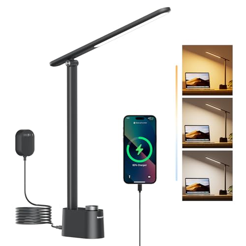Honeywell LED Desk Lamp - Sunturalux Desk Lamps for Home Office with USB A+C Charging Ports, Stepless Dimmable Eye-Caring Foldable Desk Light for Table Bedroom Bedside Reading(Black) - color: Black