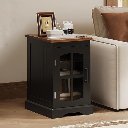 ChooChoo Farmhouse End Table Set of 2 with Charging Station, Nightstand with Adjustable Shelf and Glass Door, Black Side Table for Living Room, Bedroom - color: Black