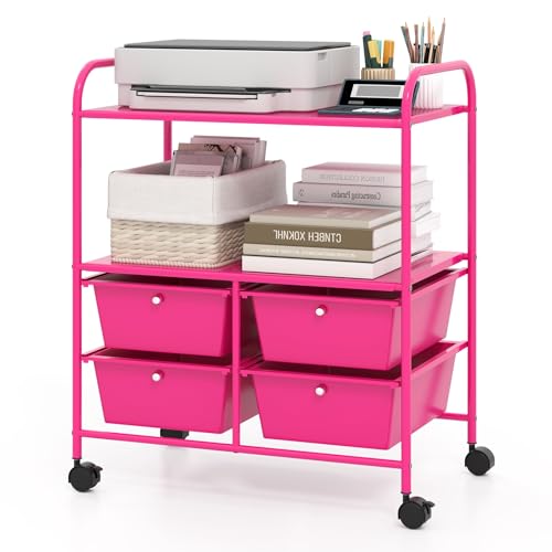 RELAX4LIFE Rolling Storage Cart with 4 Drawers - Utility Cart on Wheels w/2 Shelves & Metal Frame, Paper Scrapbook File Organizer for Home Office School Classroom, Movable Art Craft Cart (Pink) - color: Pink