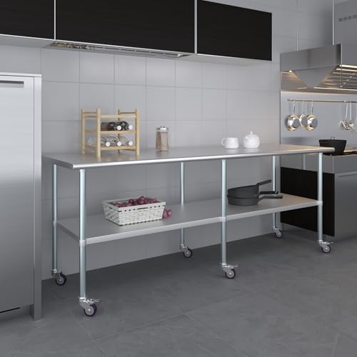 AmGood 96" Long x 30" Deep Stainless Steel Table with Casters - size: 96" Long x 30" Deep