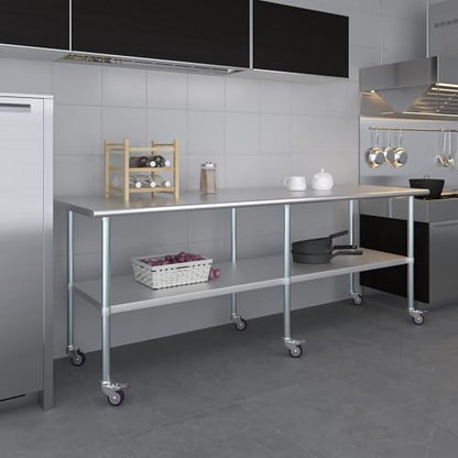 AmGood 96" Long x 30" Deep Stainless Steel Table with Casters - size: 96" Long x 30" Deep