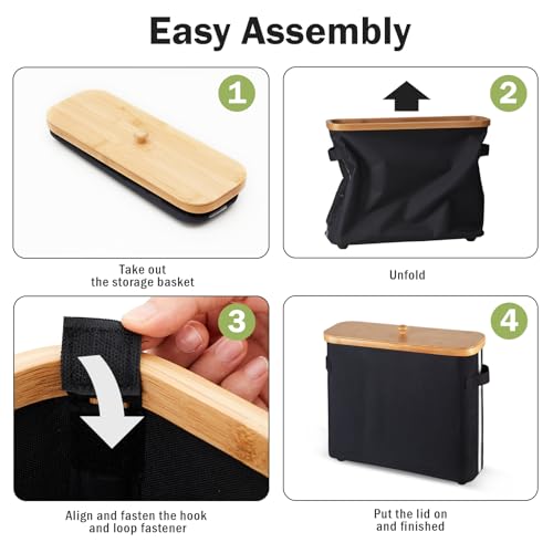 Bathroom Toilet Paper Storage Basket with Lid and Handle， Bamboo Collapsible Toilet Paper Holder Storage with Non-Slip Bottom ,Extra Toilet Roll Storage, Black