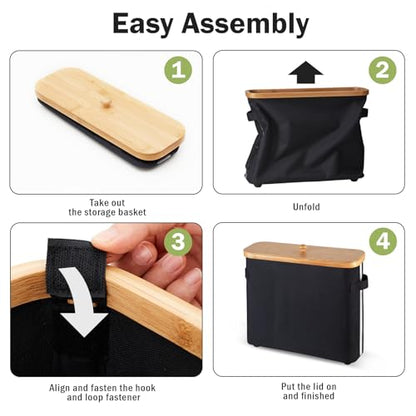 Bathroom Toilet Paper Storage Basket with Lid and Handle， Bamboo Collapsible Toilet Paper Holder Storage with Non-Slip Bottom ,Extra Toilet Roll Storage, Black