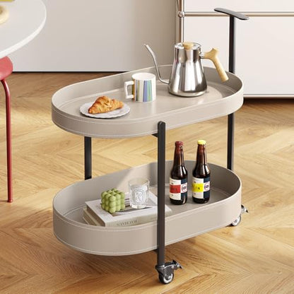 Guyii 2 Tiers Storage Rolling Cart 360 Rotating Side Table Modern End Table Living Room Table with Wheels Easy to Move for Living Room Bedroom Kichen Bathroom Pu Leather - color: Beige