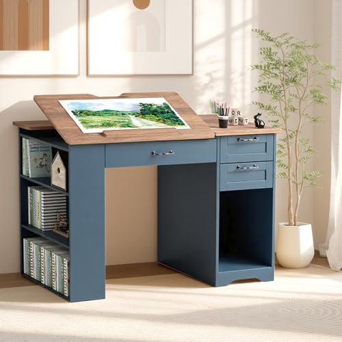 Drafting Table with Storage Cabinet & Drawers, Adjustable Drawing Desk with Open Shelves, Craft Table Painting Desk for Artists, Painters, Drawing, Crafting, Reading, Writing, Working (Blue) - color: Blue