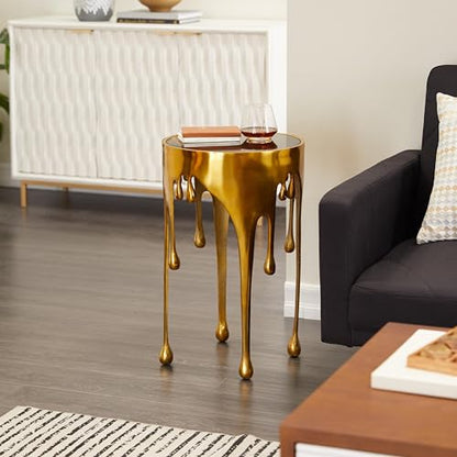 Deco 79 Aluminum Metal Abstract Melting Drip Accent Table with Melting Design and Shaded Glass Top, 16' x 16' x 25', Gold - color: Gold