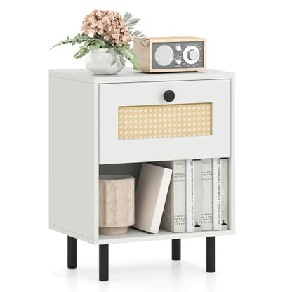 Giantex Rattan Nightstand with Drawer, Modern Bed Side Table w/ 4 Metal Legs and Open Storage Shelf, Wood Boho End Table for Small Spaces, White Night Stand for Bedroom Office - color: White