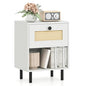 Giantex Rattan Nightstand with Drawer, Modern Bed Side Table w/ 4 Metal Legs and Open Storage Shelf, Wood Boho End Table for Small Spaces, White Night Stand for Bedroom Office - color: White