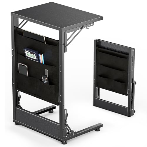 Folding TV Tray Table, 28.8" Tall C-Shaped Side Table for Couch and Bed, Slide Under Sofa Side Desk with Storage Bag - Sturdy Metal Frame Tray for Living Room, Bedroom, Home & Office (Black) - color: Black, size: 15.7" x 11.8" x 28.8"