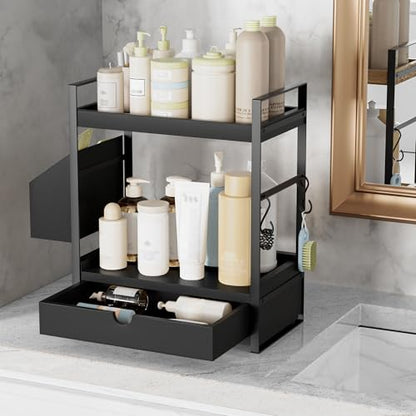 2-Tier Bathroom Counter Organizer, Wooden Vanity Shelf with Drawer & Basket | Pre-Drilled Holes, Skincare & Makeup Countertop Organizer and storage, Black - color: Black