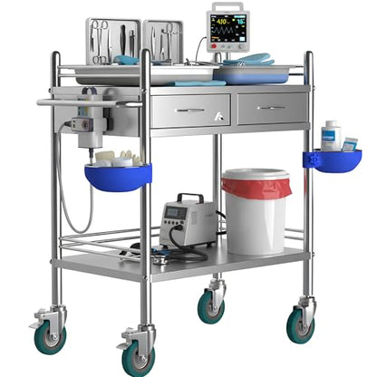 *Improved & Upgraded* Medical Stainless Steel 2 Tier Rolling Cart with Wheels and Drawers | Dental Hospital Nursing Trolley | Easy-to-Disinfect Phlebotomy Mobile Workstation