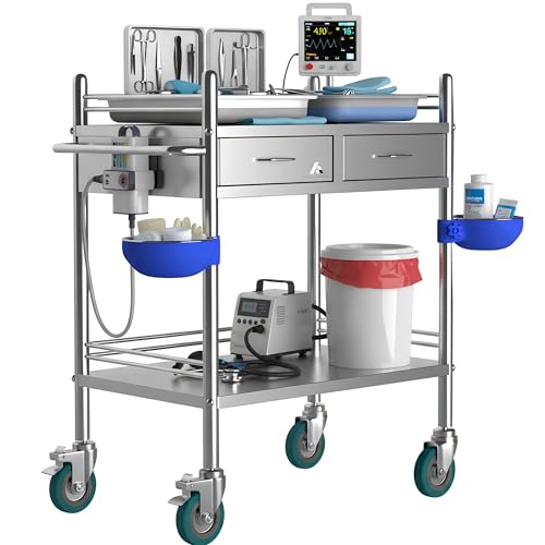 *Improved & Upgraded* Medical Stainless Steel 2 Tier Rolling Cart with Wheels and Drawers | Dental Hospital Nursing Trolley | Easy-to-Disinfect Phlebotomy Mobile Workstation