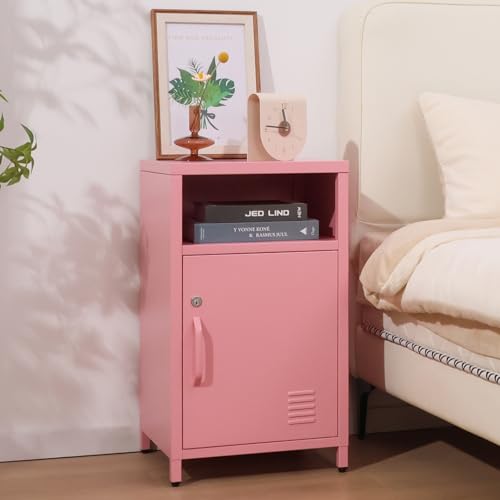 ALBAD Compact Metal Nightstand with Lockable Cabinet and Open Shelf, Modern Bedside Table, Versatile Side Table for Bedroom, Living Room, or Office (Pink, 26" H-Lockable Door) - color: Pink, size: 26"H-Lockable Door