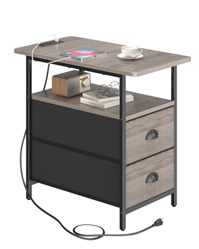 sthmec End Table with Charging Station, Narrow Side Table with 2 Drawers, Nightstands with Drawers, USB Ports & Power Oulets,Slim Sofa Side Tables for Small Spaces,Living Room,Bedroom, Grey - color: Grey, size: 11.75'' W x 21'' D x 24.3'' H, style: Power
