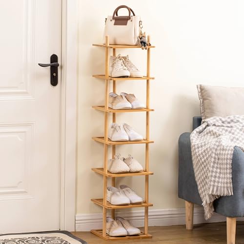 7-Tier Vertical Shoe Rack - Tall Narrow Shoe Rack Organizer for Small Spaces,Bamboo Shoen Shelf for Entryway,Closet,Corner,Doorway,Skinny Shoe Shelf Space Saving Shoe Storage (Natural, 7-Tier) - color: 7-tier Natural