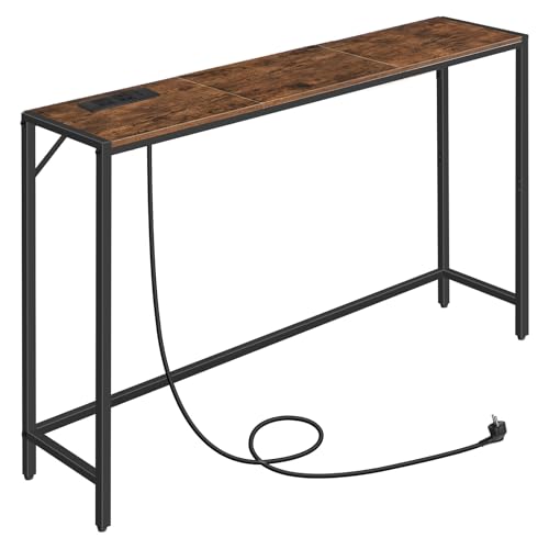MAHANCRIS Console Table, Narrow Sofa Table, 43.7” Entrance Table with Power Station, Behind Couch Table, Simple Style, for Living Room, Hallway, Entryway, Foyer, Rustic Brown and Black CTHR112E01 - color: Rustic Brown, Black