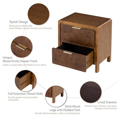 COZAYH Farmhouse Nightstand with 2 Drawer, Distressed Wood Rustic Accent Bedside Table, Burl Finish Side Table for Bedroom, Entryway, Fully Assembled, Brown - color: Dark Brown, size: 2 Drawer-No USB