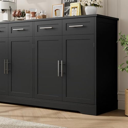 HOSTACK 60" Large Buffet Sideboard with Storage, 36" Tall Kitchen Buffet Storage Cabinet with 4 Drawer, Modern Coffee Bar Cabinet with Silver Handle, Long Sideboard Buffet Table for Kitchen, Black - color: Black