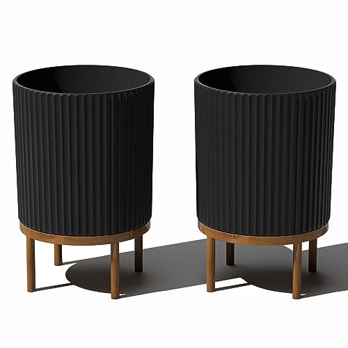 Veradek Demi Series Round Planter w/Stand for Porch/Patio | Durable Plastic-Stone Composite & Wooden Stand | Modern Décor for Tall Plants, Flowers - color: Black/Brown, size: 16 inch - 2 Pack