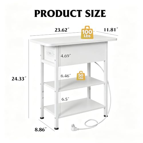 WLIVE 3-Tier End Table with Charging Station, Flip Top Side Table with Storage Shelf, Sofa Couch Table with USB Ports and Outlets, Narrow Bedside Table for Living Room, Bedroom - color: White
