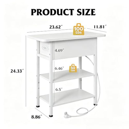 WLIVE 3-Tier End Table with Charging Station, Flip Top Side Table with Storage Shelf, Sofa Couch Table with USB Ports and Outlets, Narrow Bedside Table for Living Room, Bedroom - color: White