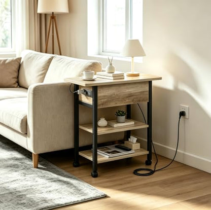 WLIVE 3-Tier End Table with Charging Station, Flip Top Narrow Side Table with Storage Shelf, Small Nightstand with USB Ports and Outlets,Bedside Table for Living Room, Bedroom - color: Greige