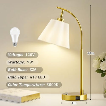 Gold Table Lamp Set of 2, Bedside Table Lamp with USB C+A Ports, Stepless Dimmable Nightstand Lamp, Small Cute Bedroom Lamps, Flower Lamp for Bedroom, Living Room, Home Office(Bulbs Included, Gold) - color: white shade & gold base
