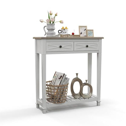 Narrow Entryway Table, 2-Tier Wooden Sofa Console Table with 2 Drawers and Storage Shelf, Couch Furniture Behind Sofa Hallway Entryway Living Room, White - color: White