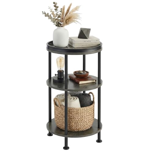 Small Round Side Table, Rustic Grey End Table with Tray Top, 3-Tier Greige Nightstand for Living Room & Bedroom, 11.8" Narrow Corner Table, 21.7" H Industrial Accent Furniture for Small Spaces, Grey - color: Grey, style: Classic