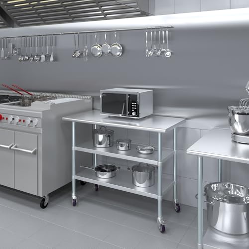 AmGood Stainless Steel Work Table with 2 Shelves and Casters | Metal Utility Table On Wheels (Stainless Steel Work Table with 2 Shelves + Casters, 48" Long x 24" Deep) - size: 48" Long x 24" Deep