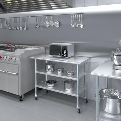 AmGood Stainless Steel Work Table with 2 Shelves and Casters | Metal Utility Table On Wheels (Stainless Steel Work Table with 2 Shelves + Casters, 48" Long x 24" Deep) - size: 48" Long x 24" Deep