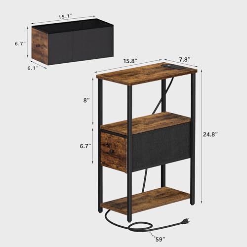 TUTOTAK Set of 2 Small Narrow End Table with Charging Station, Side Table with Outlets, Nightstand with Cloth Drawer, Couch Table, for Living Room, Bedroom, Bedside, Brown TB01BB058 - color: Brown, style: 1 Drawer & Plug