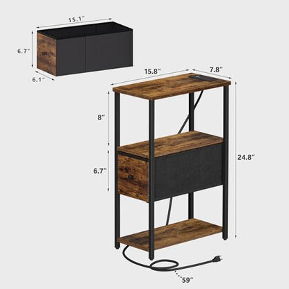 TUTOTAK Set of 2 Small Narrow End Table with Charging Station, Side Table with Outlets, Nightstand with Cloth Drawer, Couch Table, for Living Room, Bedroom, Bedside, Brown TB01BB058 - color: Brown, style: 1 Drawer & Plug
