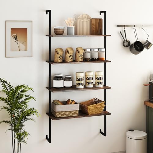 Giantex 4 Tier Modern Wall Mounted Bookshelf Rustic Brown, 64" Industrial Wood Bookcase with Metal Frame, Display Storage Rack Organizer, Ladder Shelf Bookcase for Living Room, Kitchen