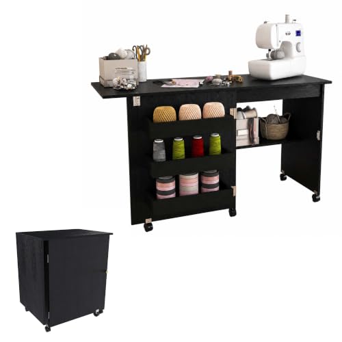 HRVEOCEI 4-in-1 Folding Sewing Table with Storage, Sewing Desk Foldable with Lockable Wheels & Power Socket, Sewings Machine Cabinet & Craft Desk with Shelves, Compact Design (Black, 45 Inch) - color: Black, size: 45 Inch