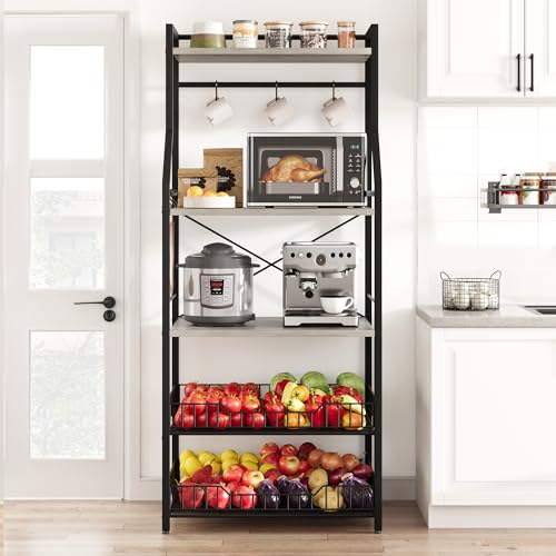Patikuin 60cm Compact Kitchen Bakers Rack, 4-Tier Double-Frame Microwave Stand with Storage Shelves, Sturdy 20mm Square Tube & PB Board Construction, Black & Gray Freestanding Appliance Organizer